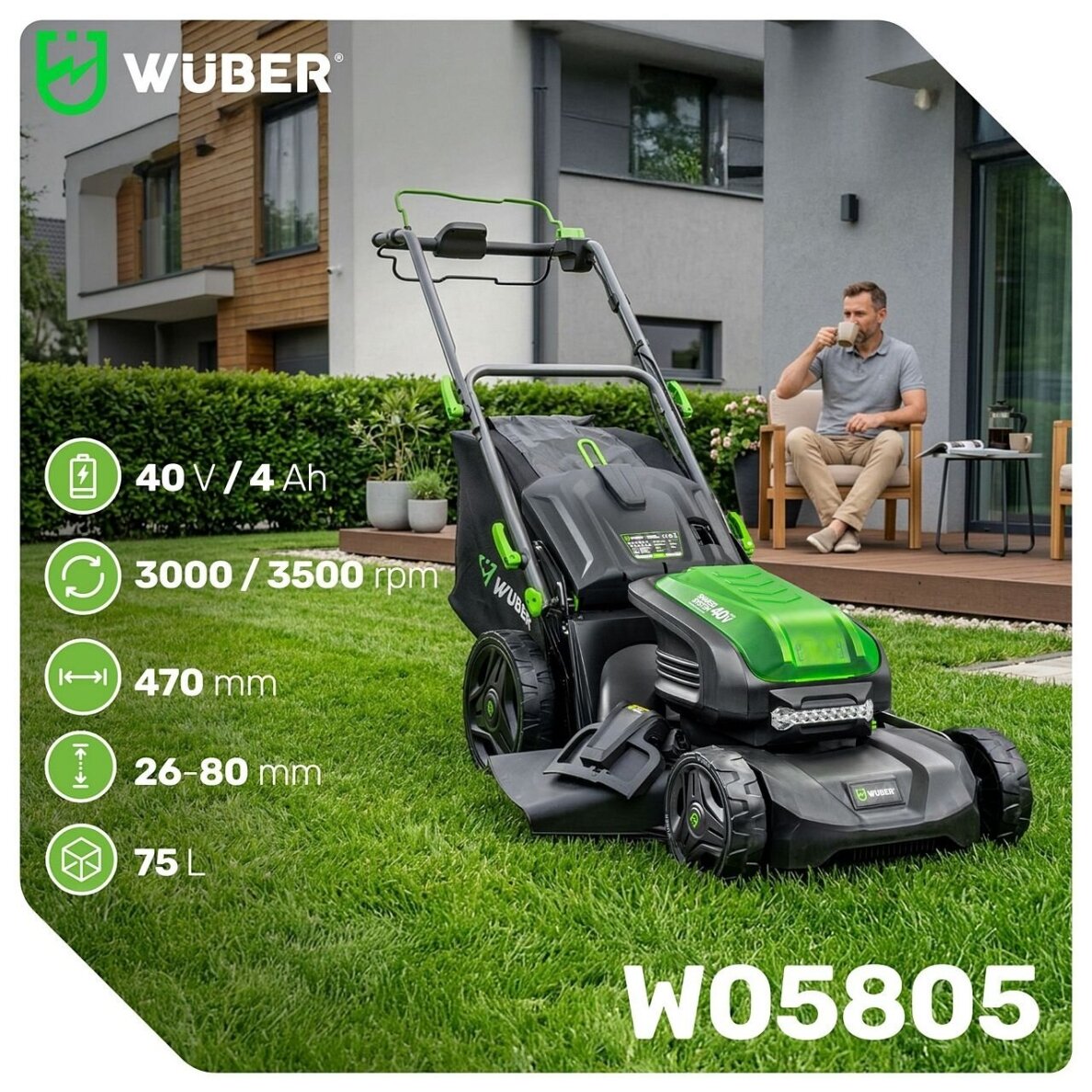 40 V akumuliatorinė vejapjovė Wuber W05805, 47 cm 1