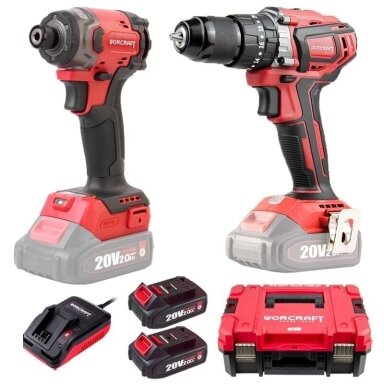 Akumuliatorinio suktuvo ir smūginio suktuvo rinkinys Worcraft 20V LI-ION (XCUBE dėžė) Akumuliatorinio suktuvo ir smūginio suktuvo rinkinys Worcraft 20V LI-ION (XCUBE dėžė)