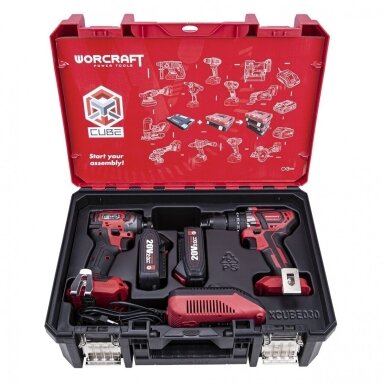 Akumuliatorinio suktuvo ir smūginio suktuvo rinkinys Worcraft 20V LI-ION (XCUBE dėžė) Akumuliatorinio suktuvo ir smūginio suktuvo rinkinys Worcraft 20V LI-ION (XCUBE dėžė)