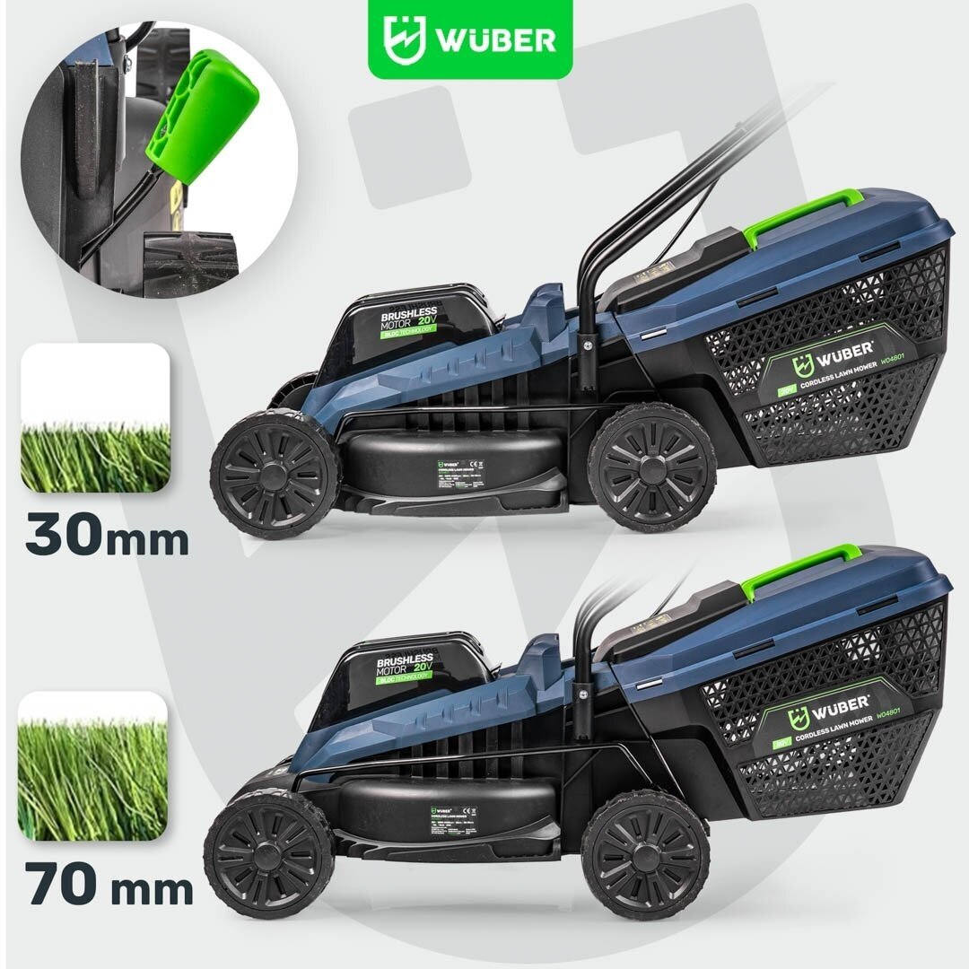 Akumuliatorinė vejapjovė Wuber W04801, 32 cm; 20 V; su akumuliatoriumi ir įkrovikliu 3 Akumuliatorinė vejapjovė Wuber W04801, 32 cm; 20 V; su akumuliatoriumi ir įkrovikliu 3