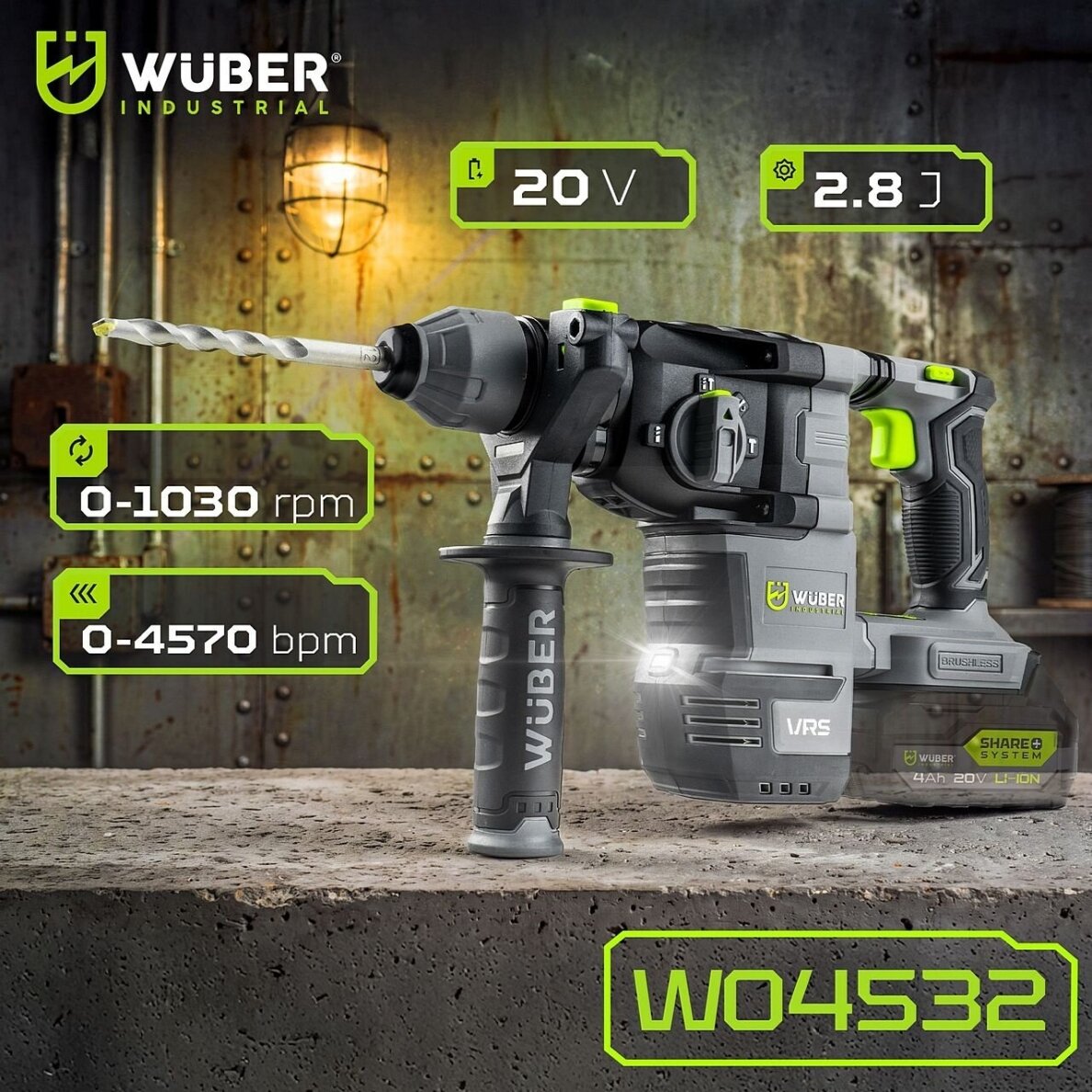 Akumuliatorinis perforatorius Wuber 20V, SDS-plus 2,8 J (be akumuliatoriaus ir įkroviklio) 2