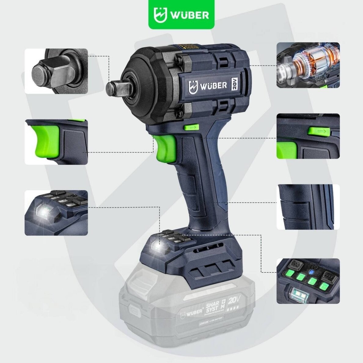 Akumuliatorinis smūginis veržliasukis Wuber 20V, 600 Nm (be akumuliatoriaus ir ikroviklio) 4
