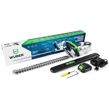 Akumuliatorinės gyvatvorių žirklės Wuber W04330, 51cm, su 2,0 Ah baterija ir įkrovikliu Akumuliatorinės gyvatvorių žirklės Wuber W04330, 51cm, su 2,0 Ah baterija ir įkrovikliu