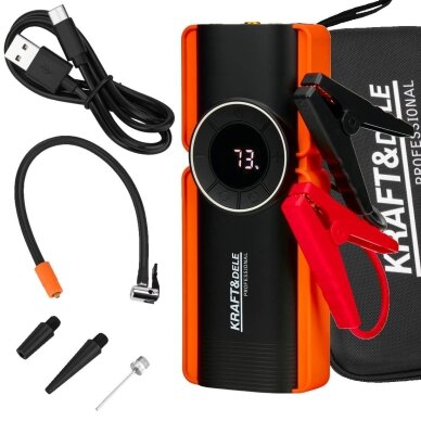 Daugiafunkcinis įkroviklis-paleidėjas su kompresoriumi ir LED žibintu Kraft & Dele KD5492, 1200A, 12 V, 10000 mAh Daugiafunkcinis įkroviklis-paleidėjas su kompresoriumi ir LED žibintu Kraft & Dele KD5492, 1200A, 12 V, 10000 mAh