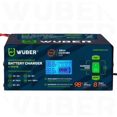 Mikroprocesorinis akumuliatoriaus įkroviklis Wuber 10A, 6-150Ah, 2-24V Mikroprocesorinis akumuliatoriaus įkroviklis Wuber 10A, 6-150Ah, 2-24V